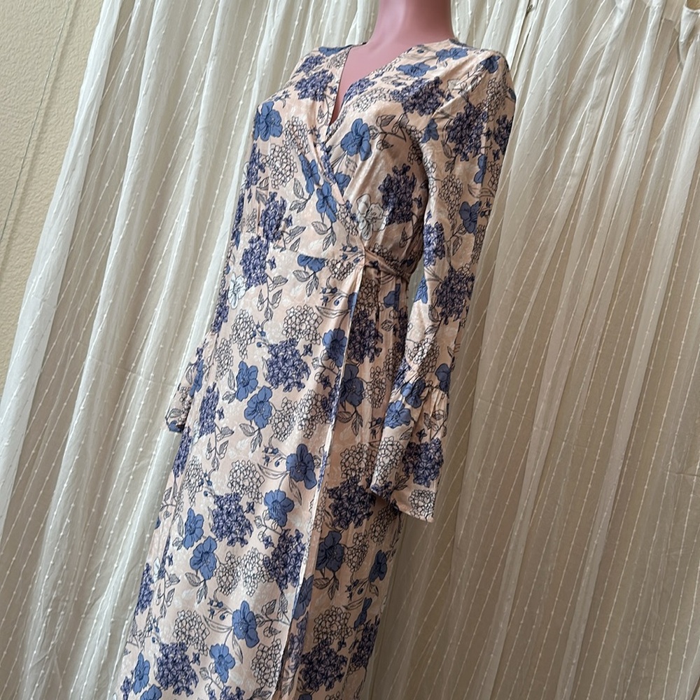 Floral Wrap Dress in Blue and Cream